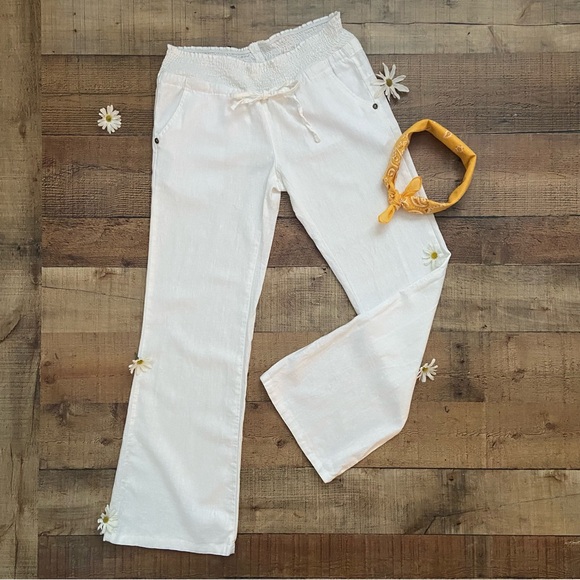 White Linen Blend Drawstring Pants Smocked Waist Flared by Lovetree - Picture 3 of 13